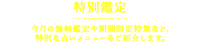 特別鑑定 今月の無料鑑定や期間限定特集など、 特別な占いメニューをご紹介します。